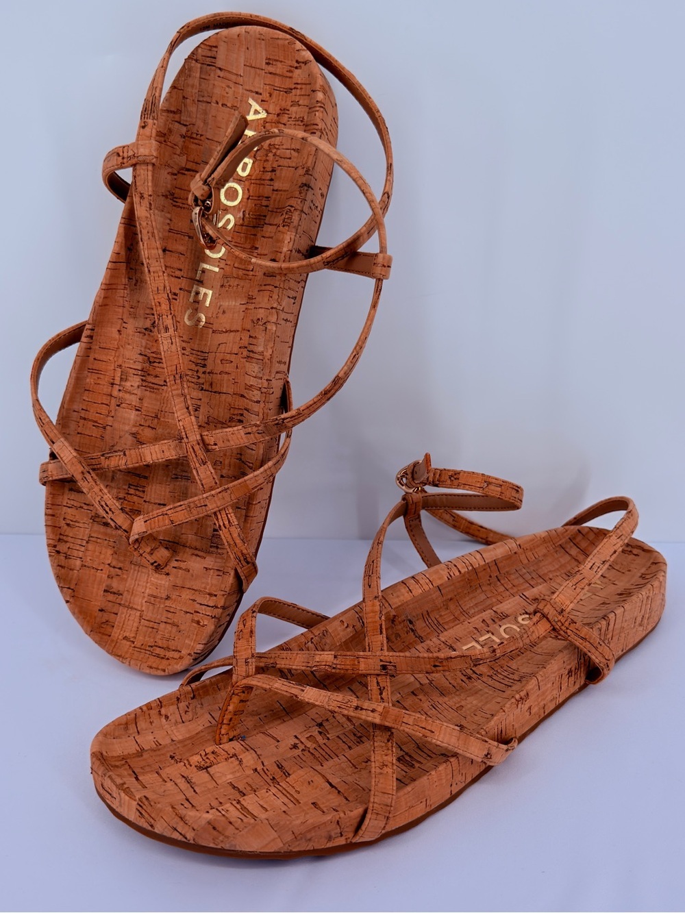 Aerosoles Leera Cork Strappy Flat Sandals Size 12M Tan Ankle Strap